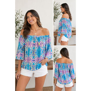 Women's 100% Silk Off Shoulder Boho Blouse Sz L Geometric Print Resort Vacation